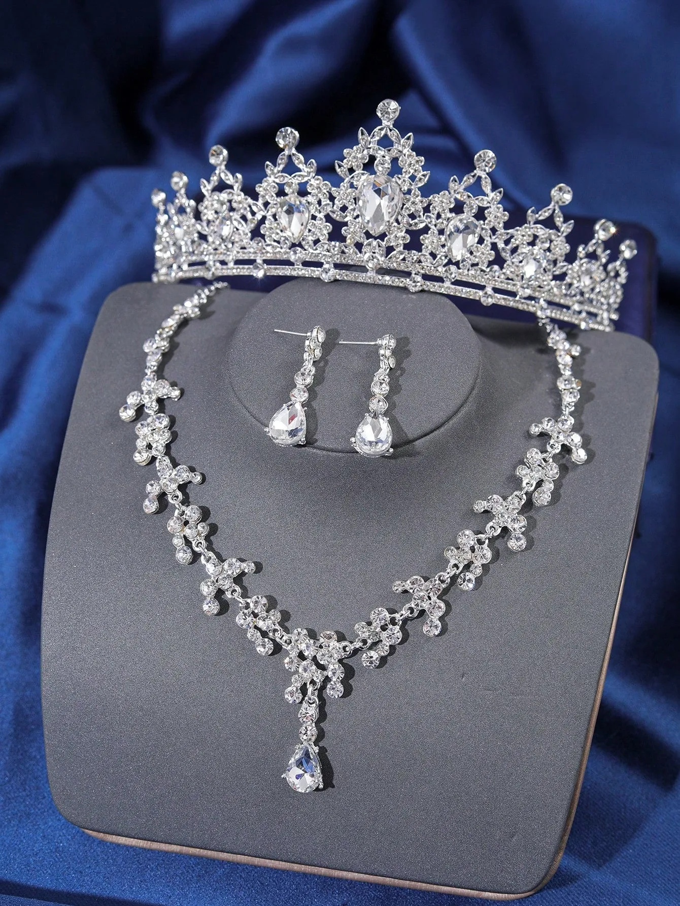 4pcs Elegant Rhinestone & Rhinestone Queen Crown Necklace Set, Bridal Wedding Headpiece Baroque Jewelry For Parties Tiaras