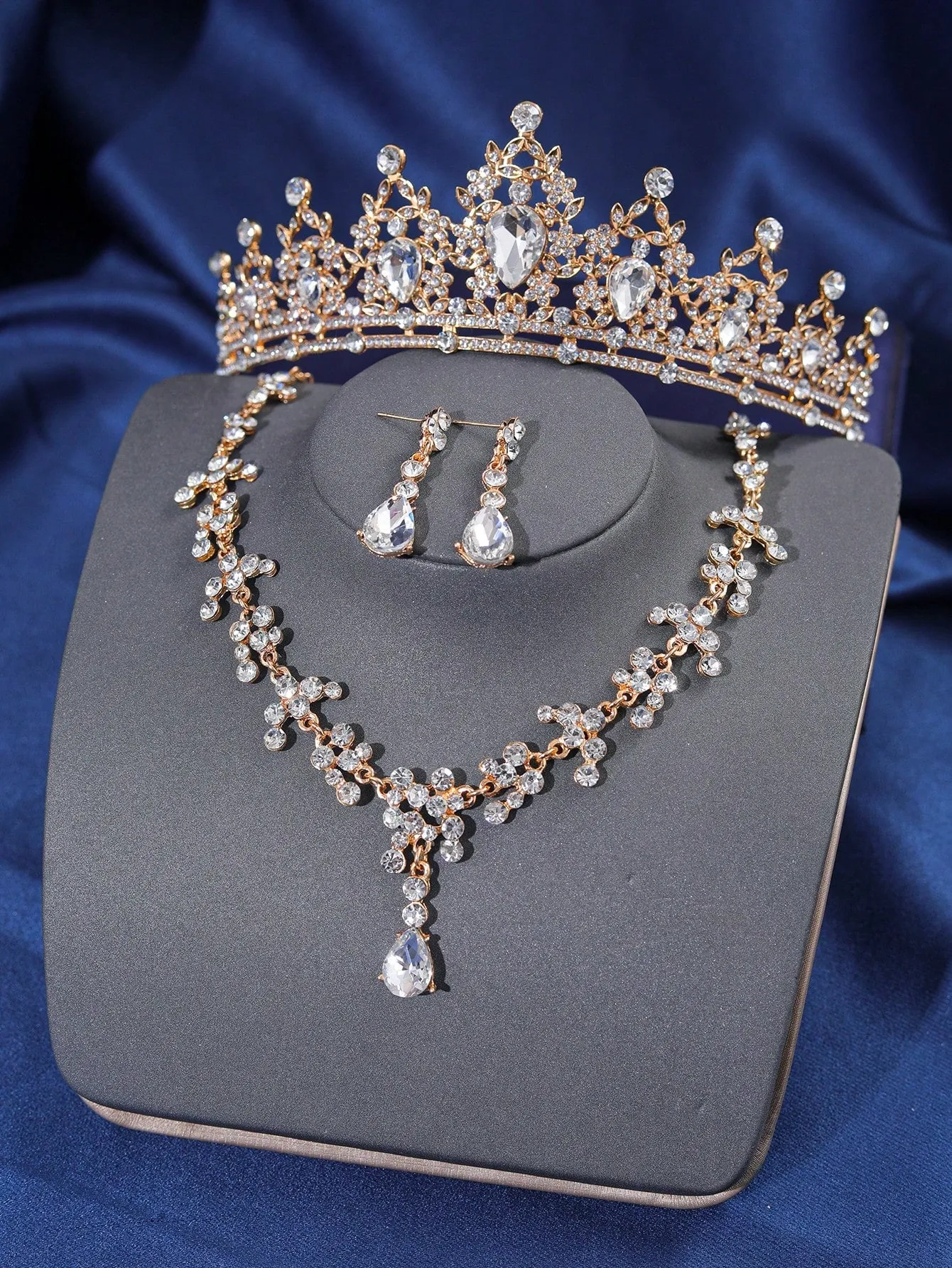 4pcs Elegant Rhinestone & Rhinestone Queen Crown Necklace Set, Bridal Wedding Headpiece Baroque Jewelry For Parties Tiaras