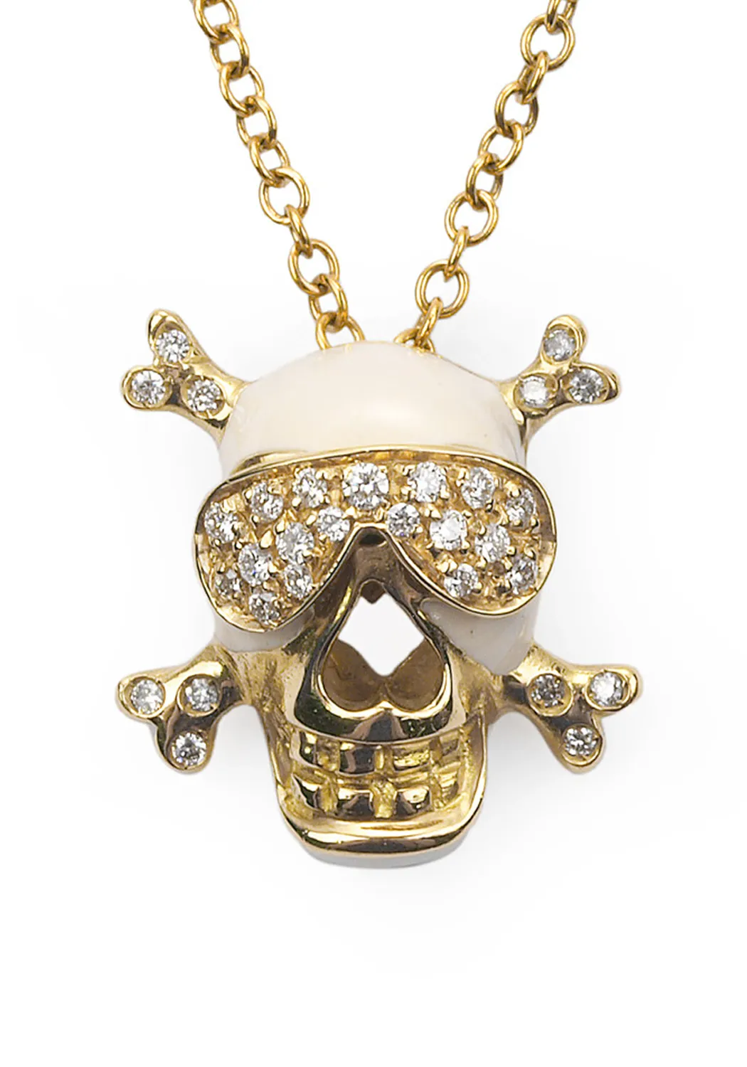 Adolfo Courrier Enamel & Diamond Skull & Crossbones Pendant Necklace