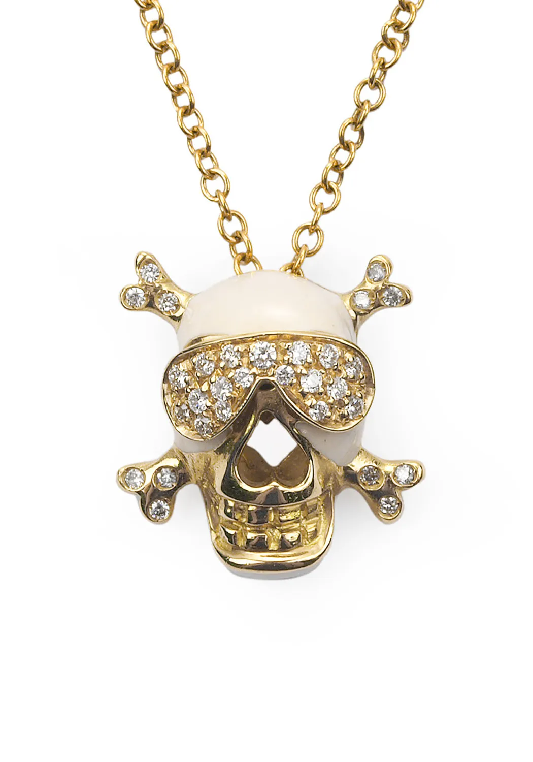 Adolfo Courrier Enamel & Diamond Skull & Crossbones Pendant Necklace