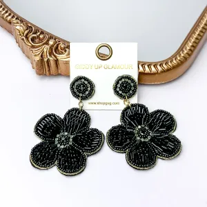 Beaded Flower Earrings in Black with Crystal Stones