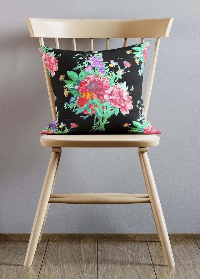 Black Botanical Bunch Flowers Cushion