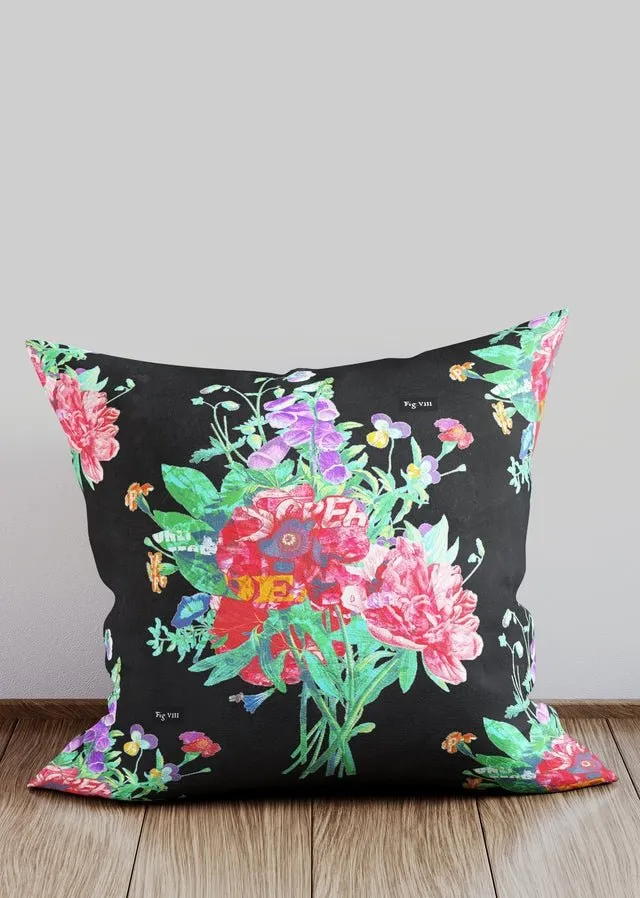 Black Botanical Bunch Flowers Cushion