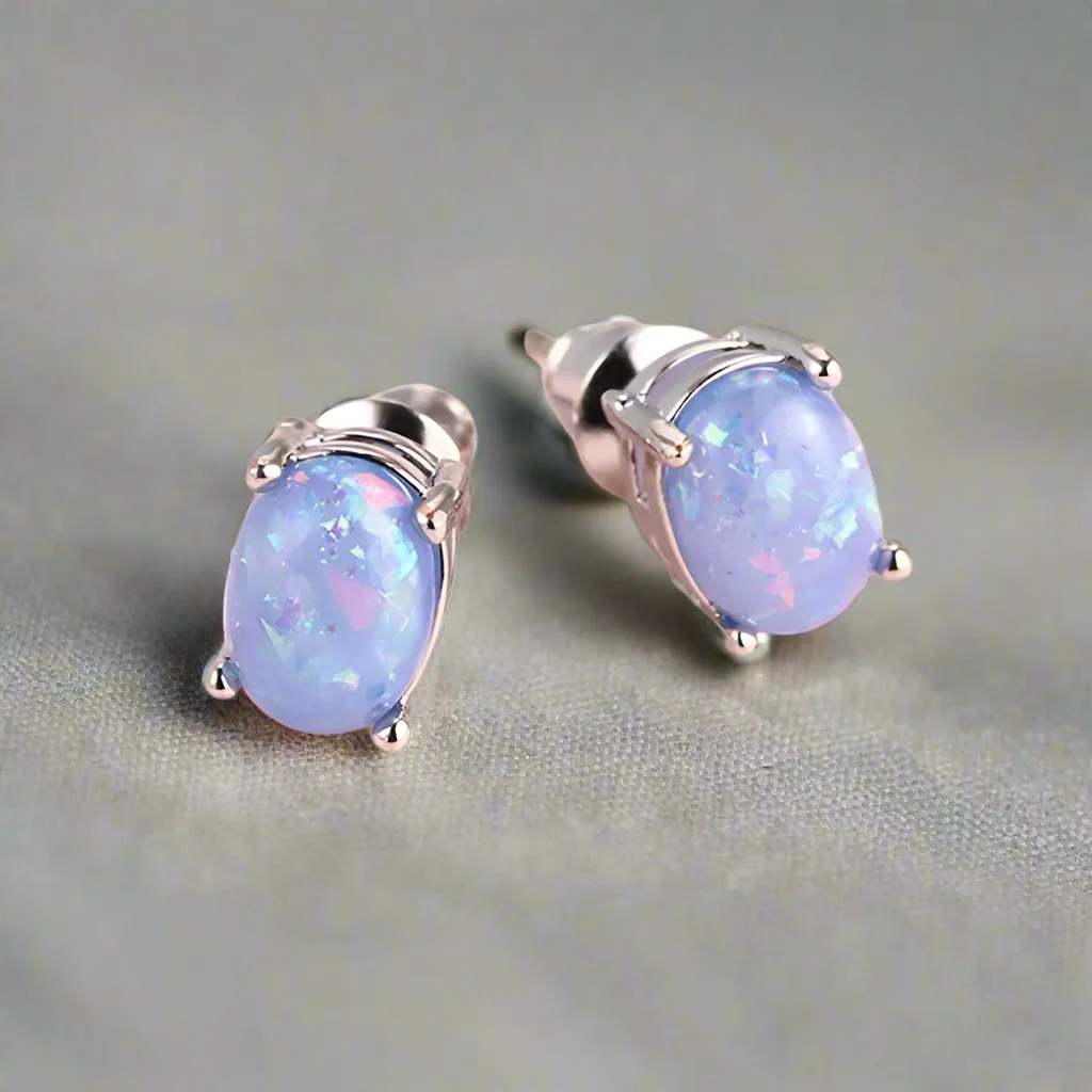 Blue Simulated Fire Opal Oval Solitaire On 14K White Gold Plated Stud Earrings for Woman