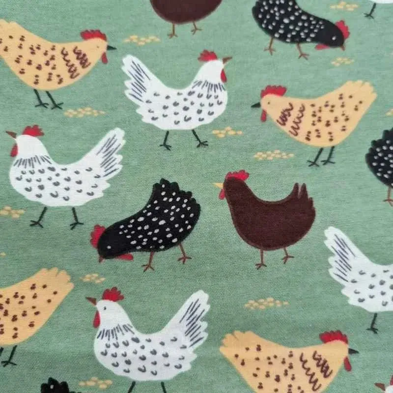 Chicken FLANNEL, Beige, Black and White on Green