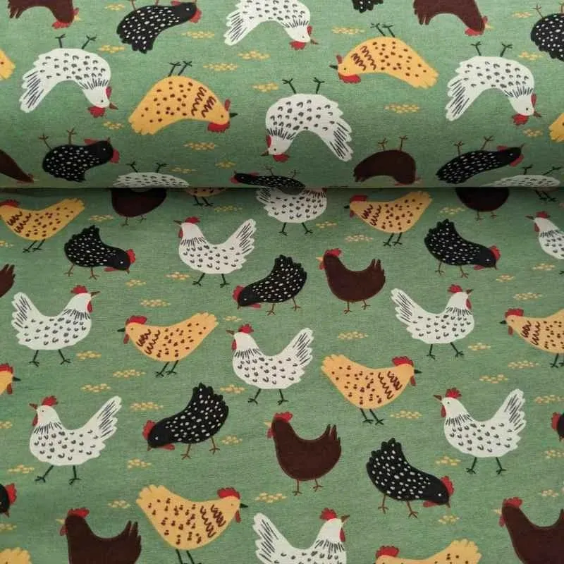 Chicken FLANNEL, Beige, Black and White on Green