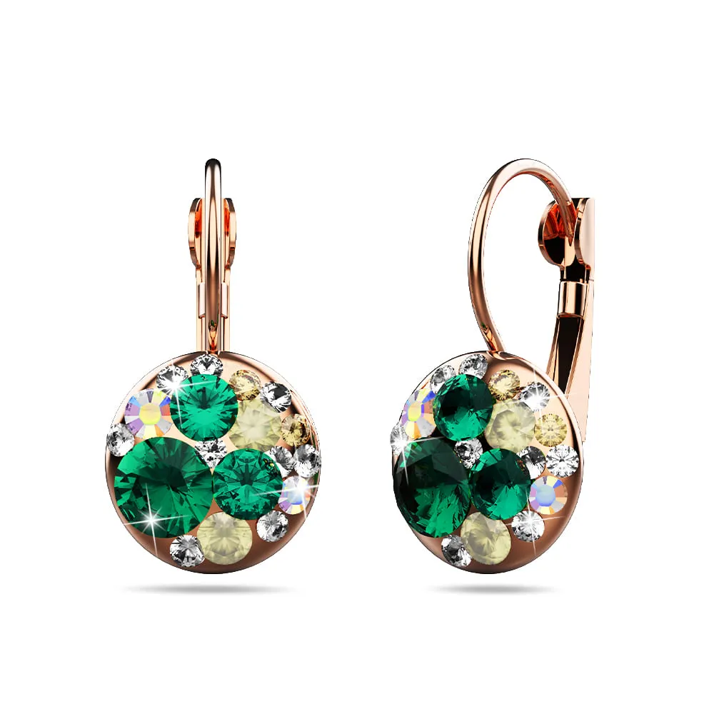 Clustered Austrian Crystals Leverback Earrings in Emerald Green