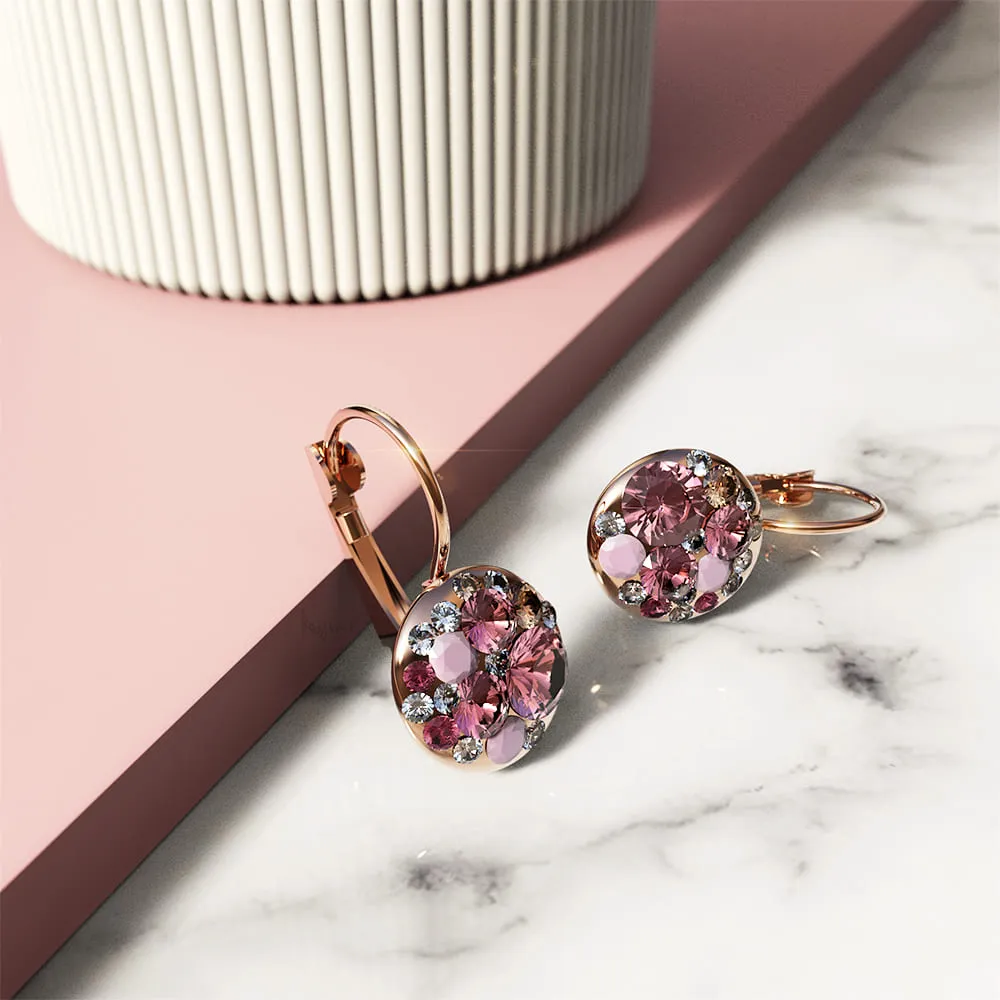 Clustered Austrian Crystals Leverback Earrings in Pinkish Red