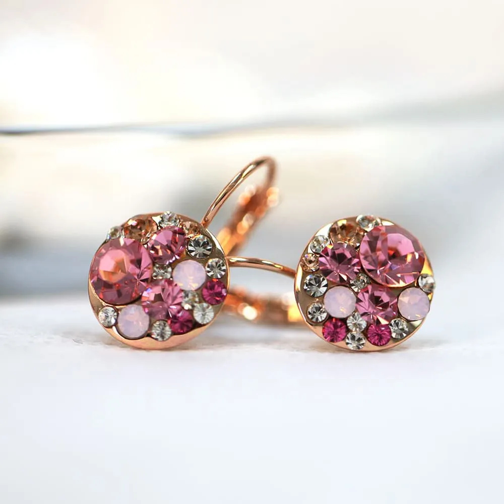 Clustered Austrian Crystals Leverback Earrings in Pinkish Red