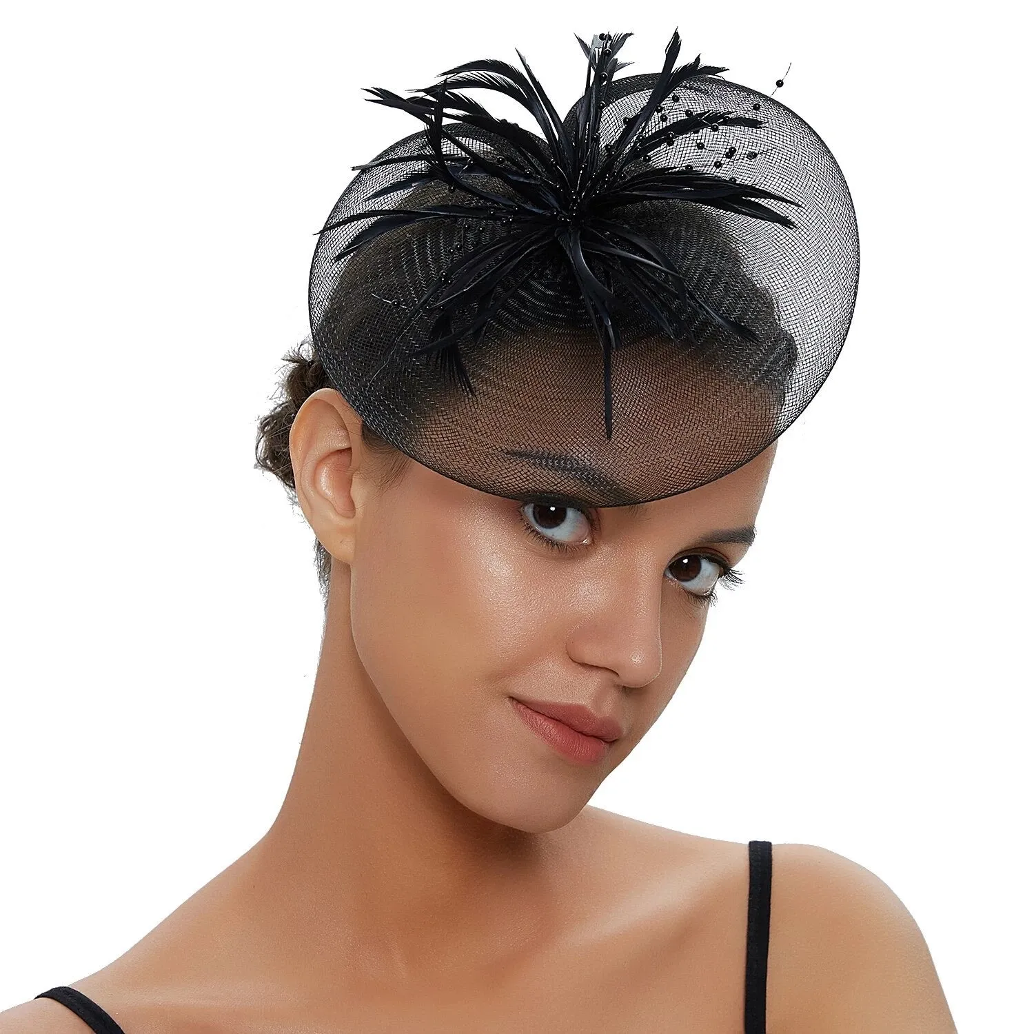 Crinoline and Feather Headband Fascinator - Black