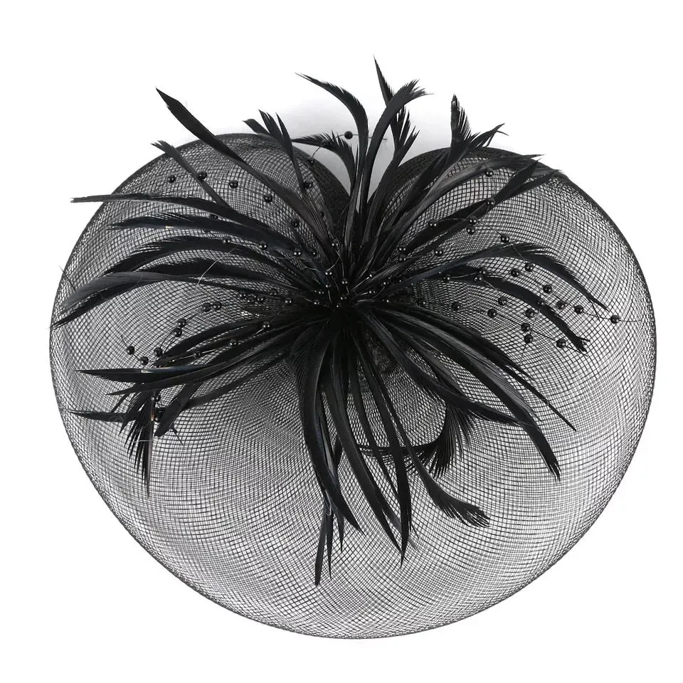 Crinoline and Feather Headband Fascinator - Black