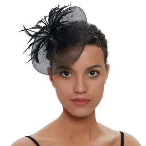 Crinoline and Feather Headband Fascinator - Black