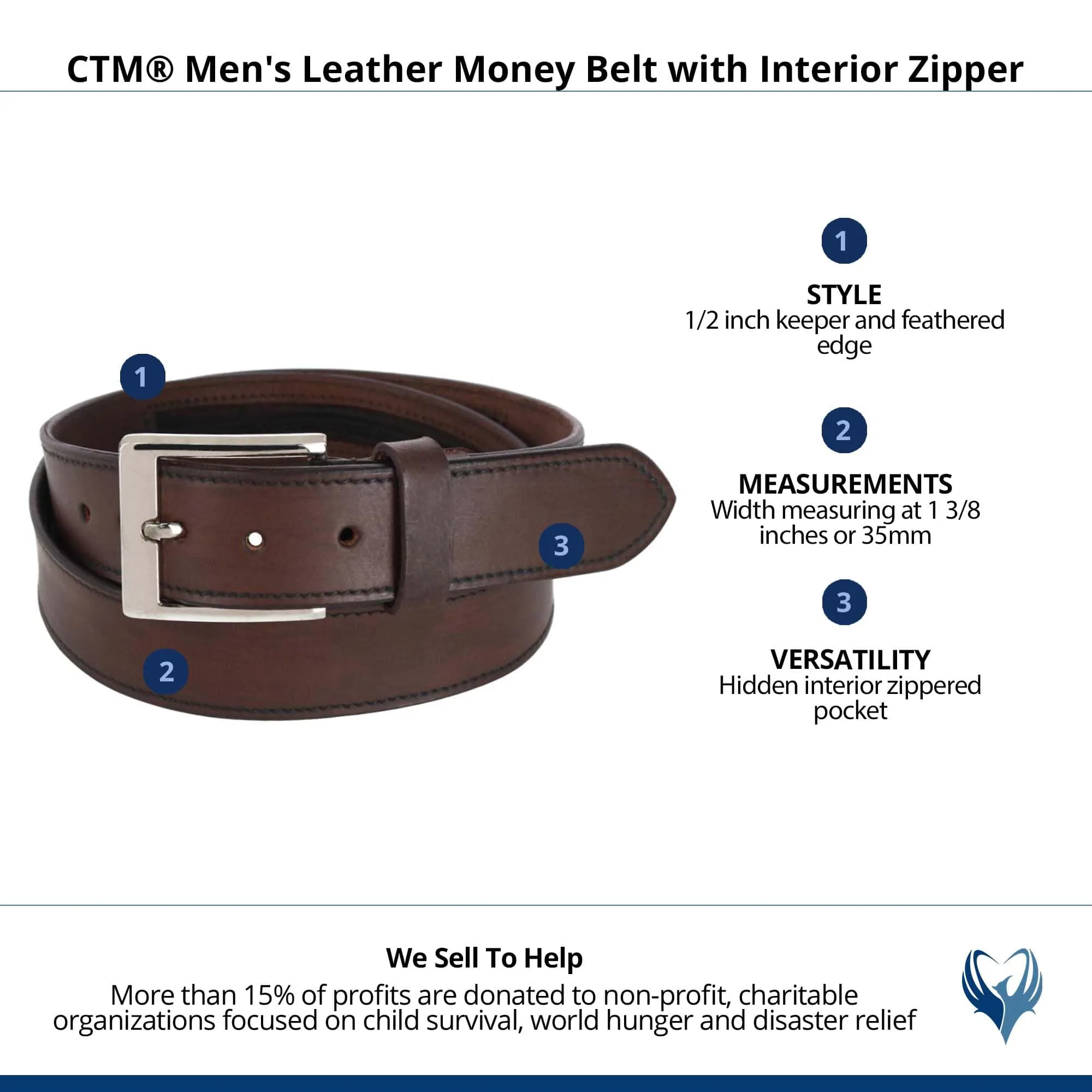 CTM® Men's Leather Money Belt with Interior Zipper