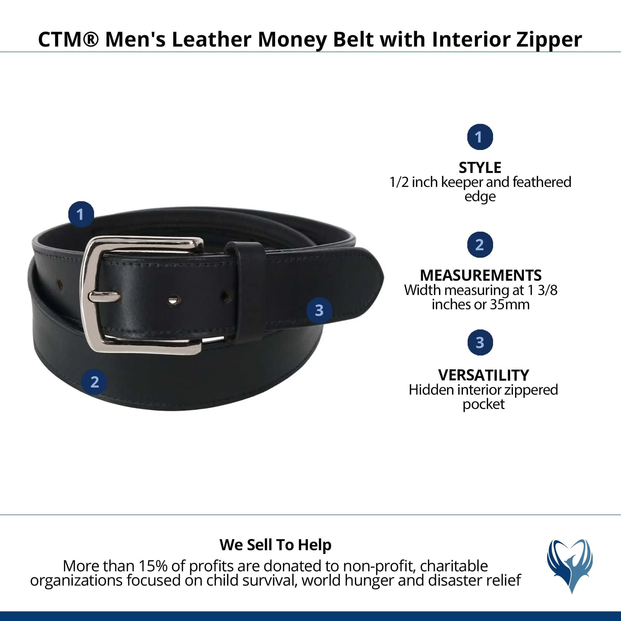 CTM® Men's Leather Money Belt with Interior Zipper