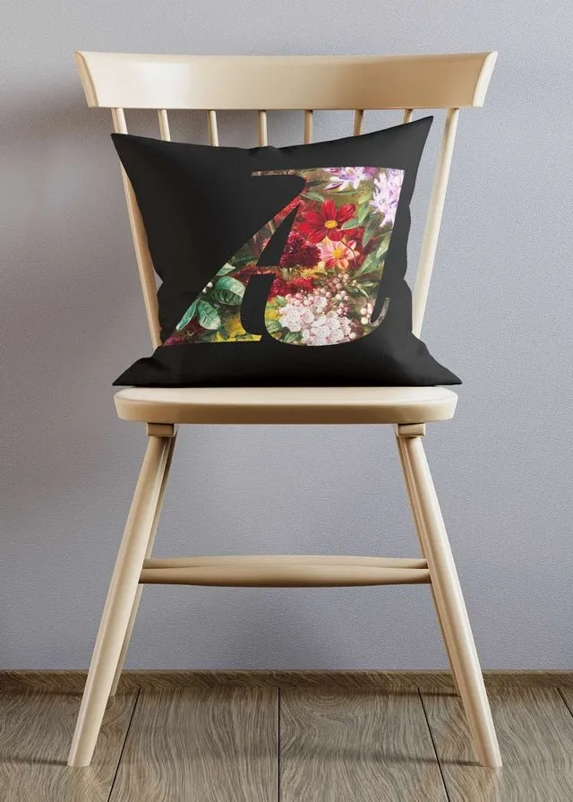 Custom Floral Single Letter Charcoal Cushion