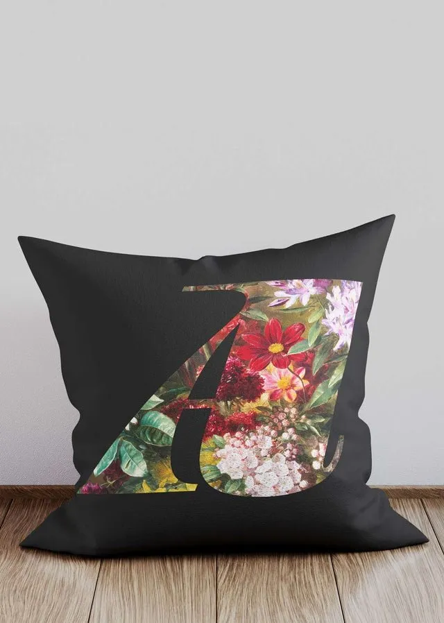 Custom Floral Single Letter Charcoal Cushion