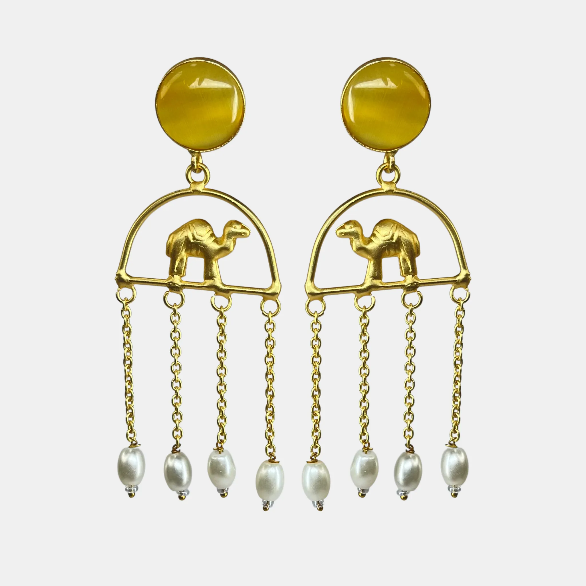 Elegant Gold Camel Dangle Earrings with Pearls