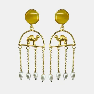 Elegant Gold Camel Dangle Earrings with Pearls