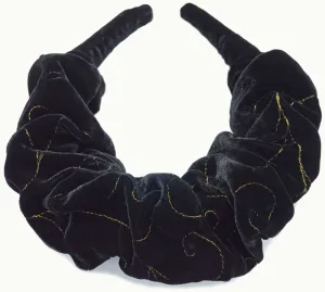 Embroidered silk velvet - gathered crown in black with gold metallic thread