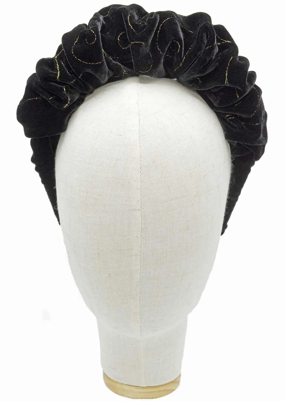 Embroidered silk velvet - gathered crown in black with gold metallic thread