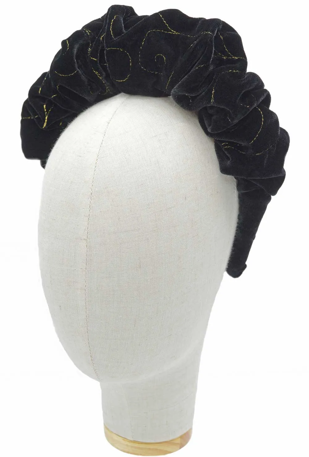 Embroidered silk velvet - gathered crown in black with gold metallic thread