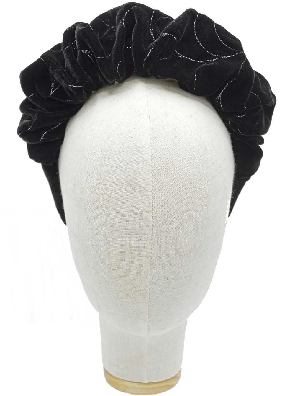 Embroidered silk velvet - gathered crown in black with silver metallic thread