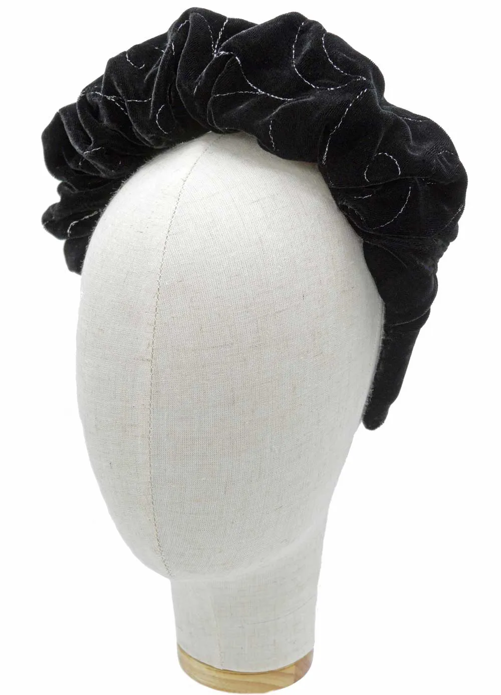 Embroidered silk velvet - gathered crown in black with silver metallic thread