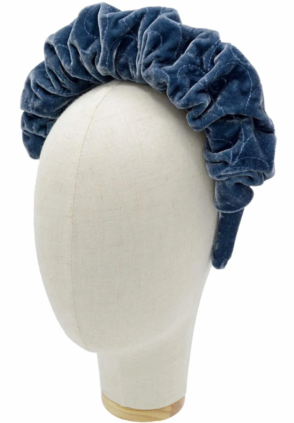 Embroidered silk velvet - handmade gathered crown in blue grey