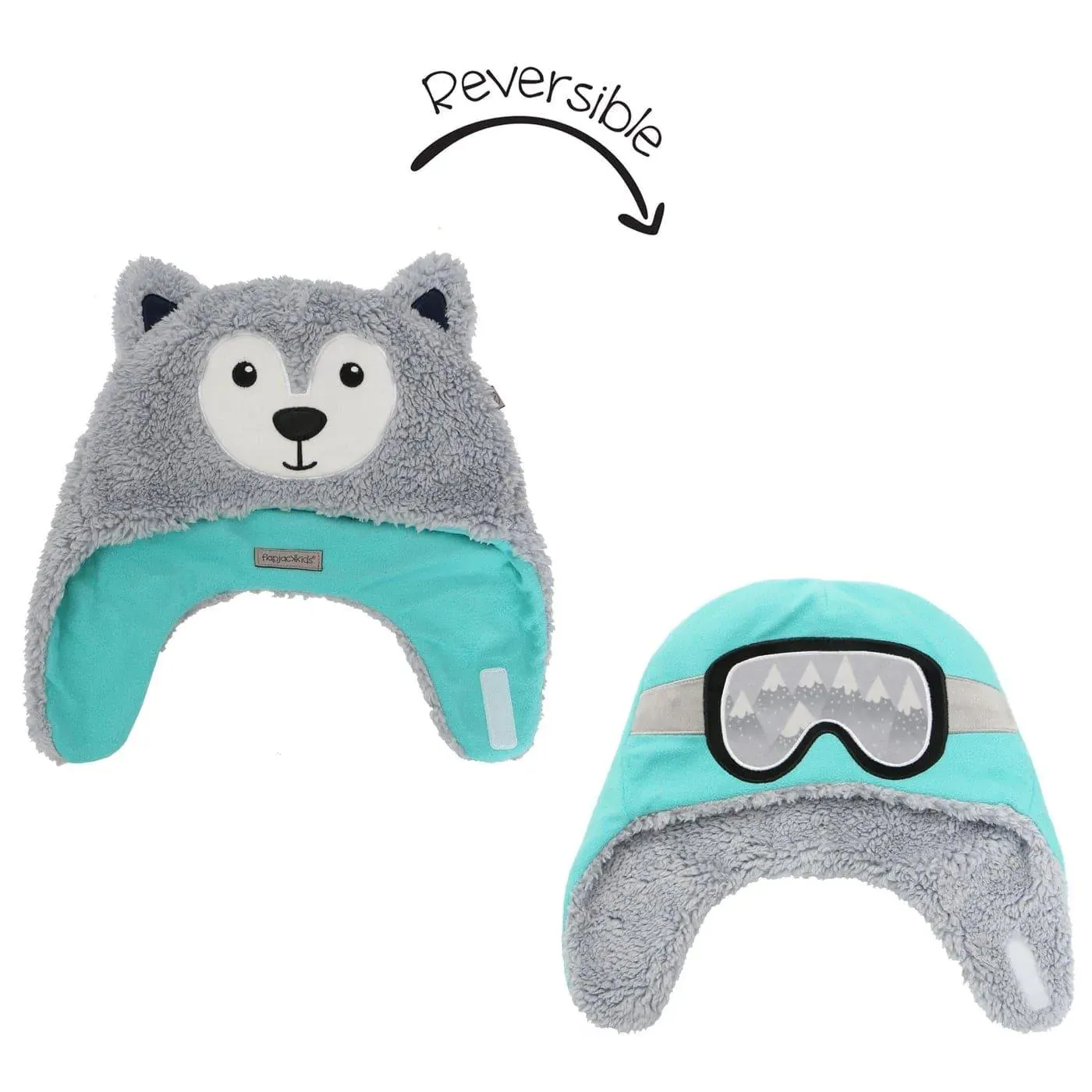 Flapjack Kids Reversible Sherpa Hat - Wolf/Ski Goggles