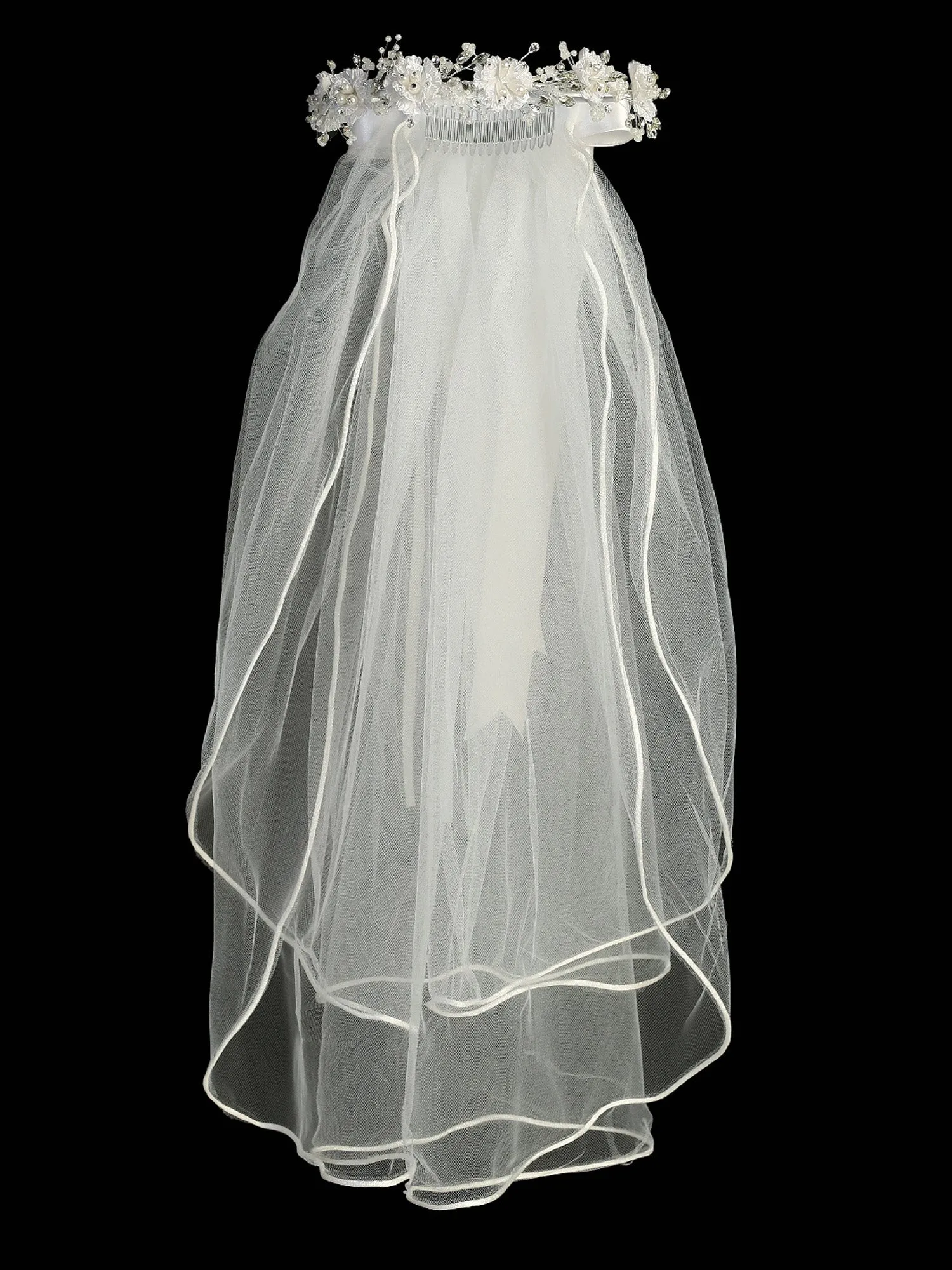 Girls White 24 Inch Pearl Rhinestone Corded Flower Comb Communion Veil