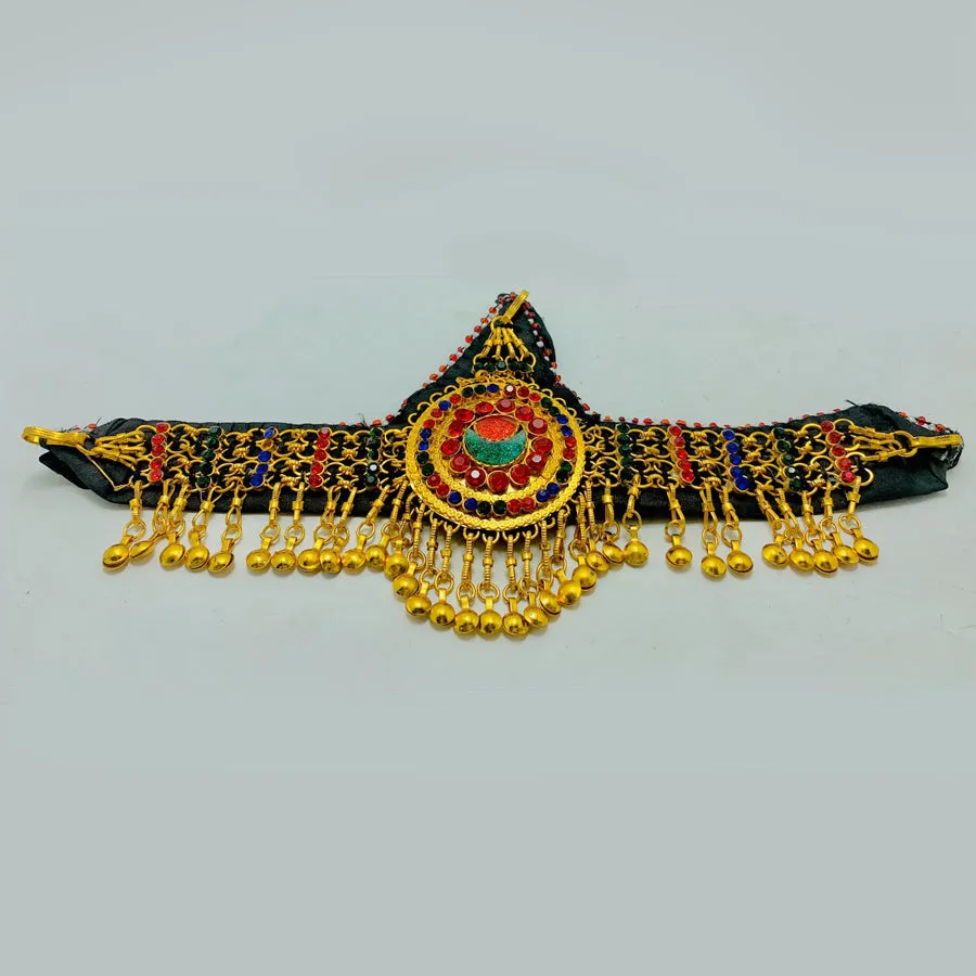 Golden Matha Patti With Multicolor Glass Stones