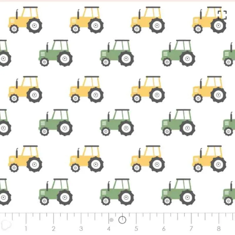 Green and Yellow Tractors on White FLANNEL