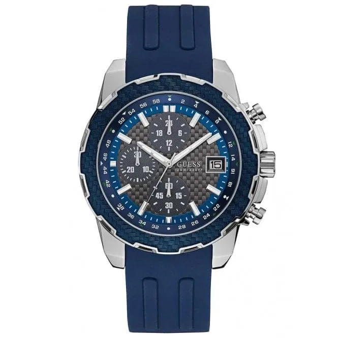 Guess Gents Silver Watch Blue Trim Grey Dial Blue Textured Silicone Strap W1047G2