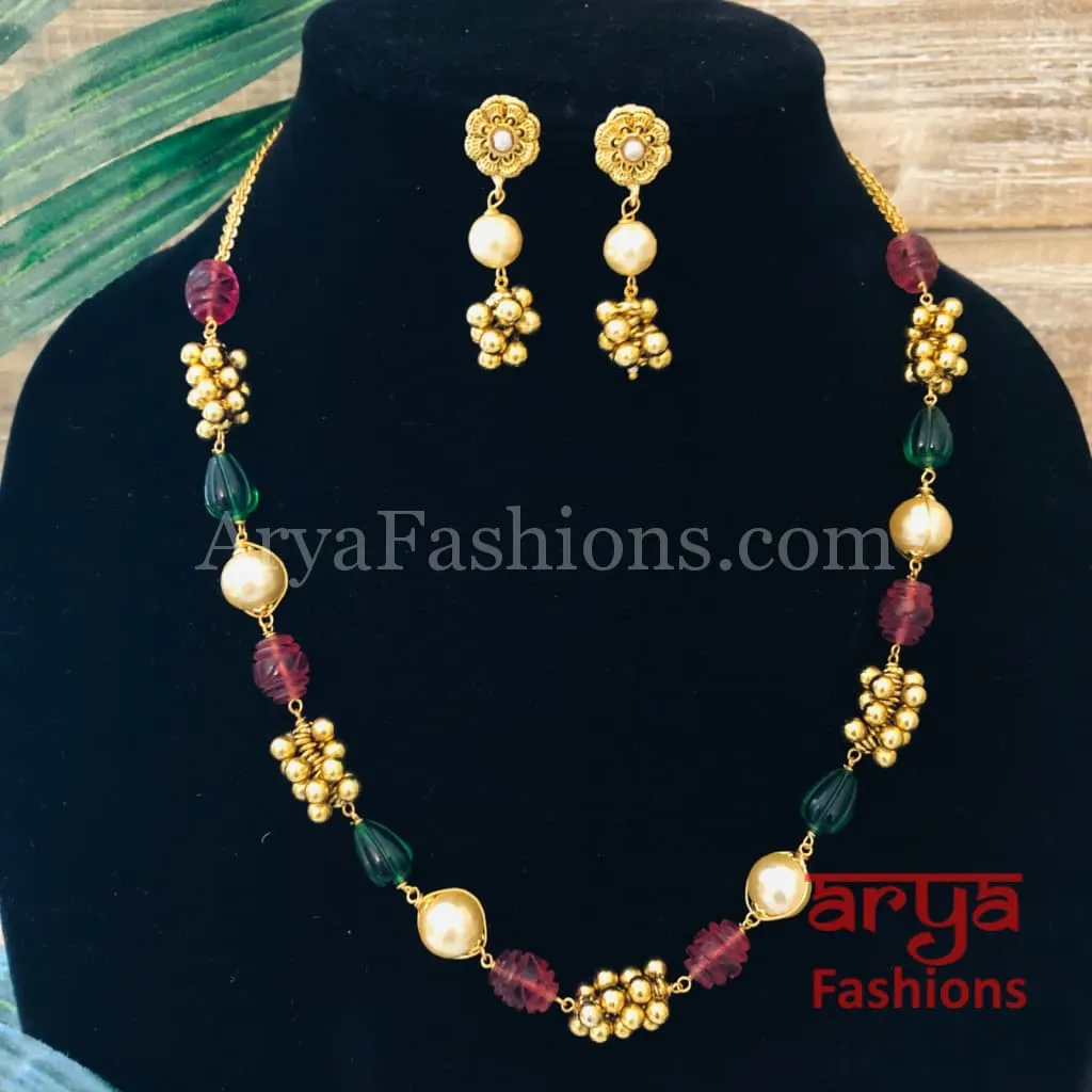 Jaipuri Colorful Beads Mala Necklace with Earrings