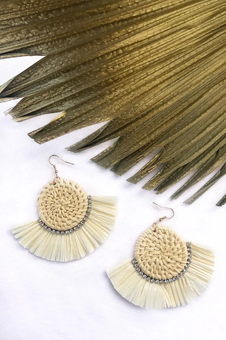 Kenya Diamante Accent Woven Straw Earrings Natural