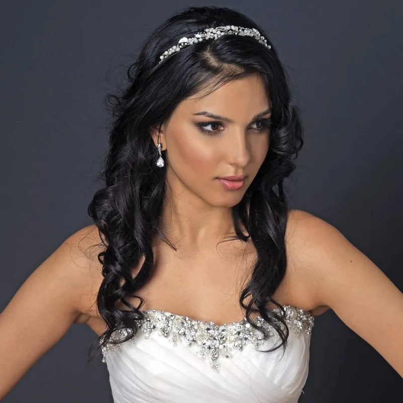 Light Gold or Silver Pearl & Crystal Floral Bridal Headband