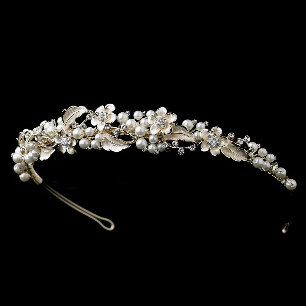 Light Gold or Silver Pearl & Crystal Floral Bridal Headband