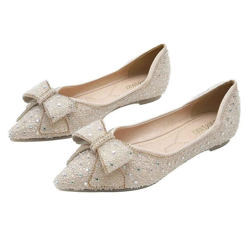 Nanccy Delicate Woman Bowknot Shoes Glitter Sequin Flats