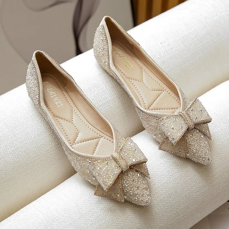 Nanccy Delicate Woman Bowknot Shoes Glitter Sequin Flats