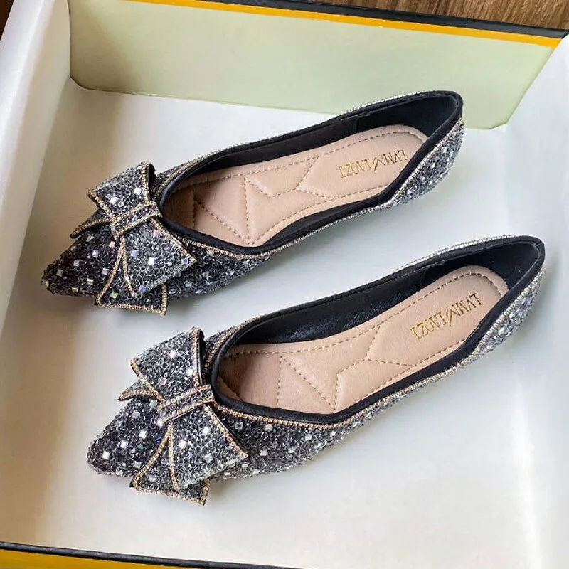 Nanccy Delicate Woman Bowknot Shoes Glitter Sequin Flats