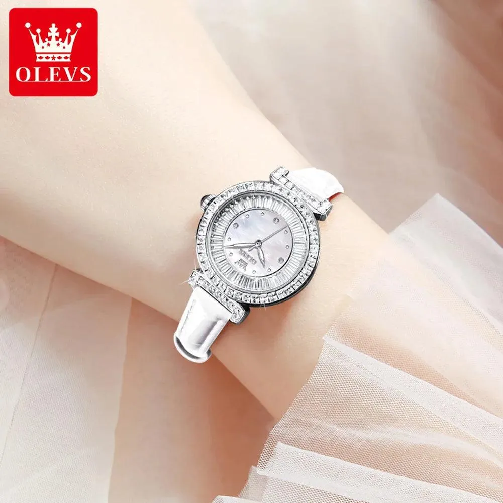 OLEVS Women's Watches Light luxury Fashion Original Quartz Watch for Ladies Waterproof Leather Strap Luminous Diamond Ring Dial