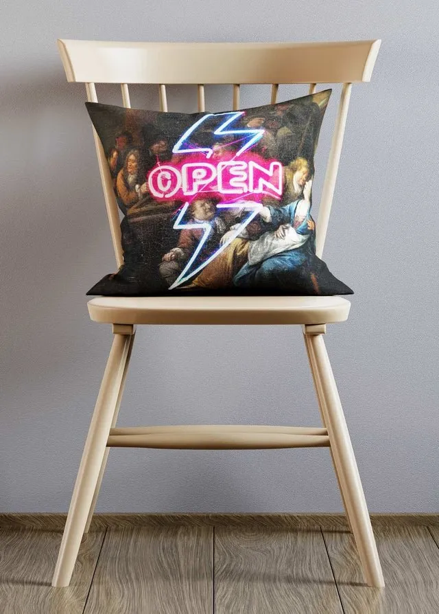 Open Tavern Sign Neon Cushion