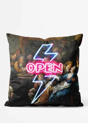 Open Tavern Sign Neon Cushion