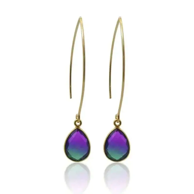 Peacock Aura Drop Long Gold Earrings