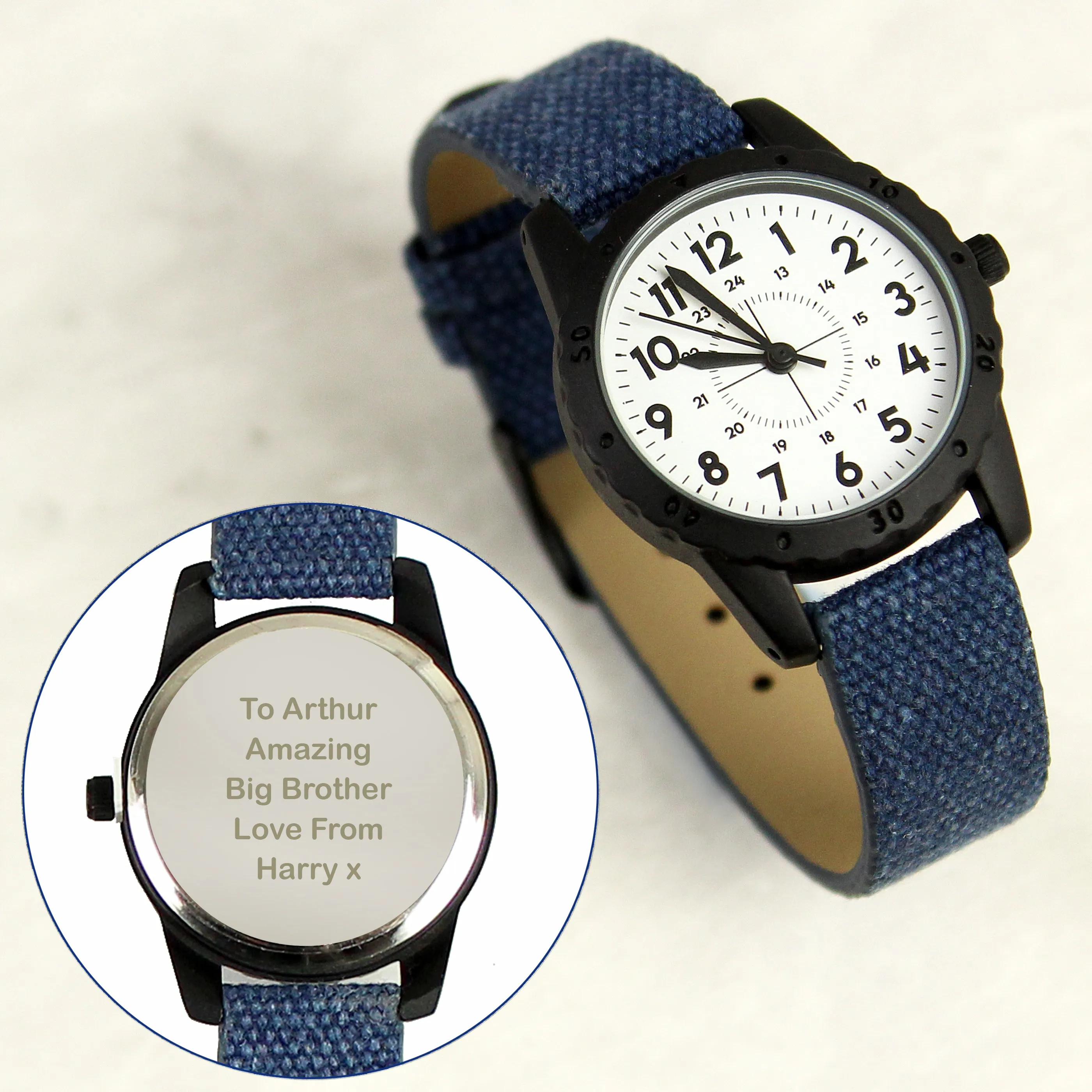 Personalised Black With Blue Canvas Strap Boys Watch