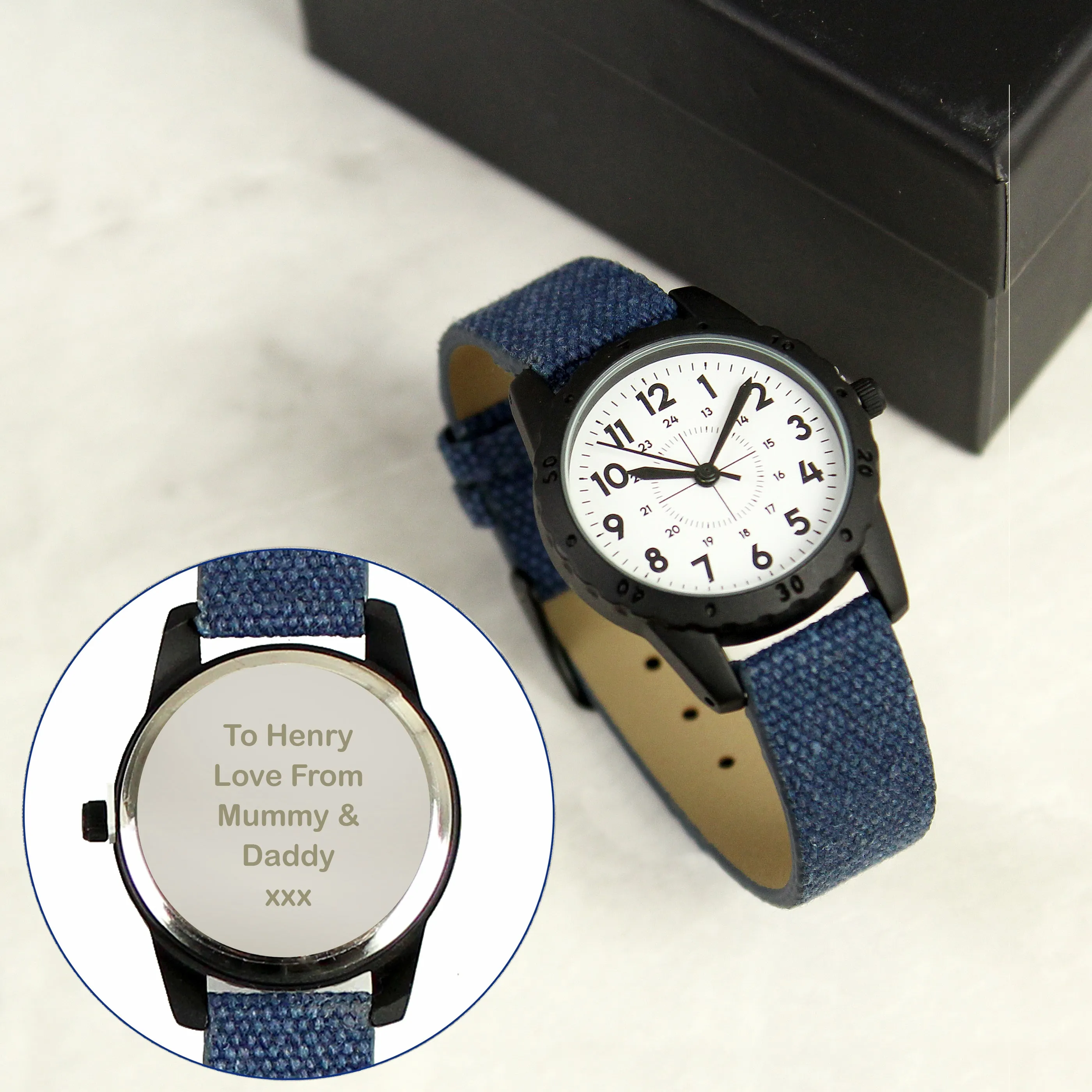 Personalised Black With Blue Canvas Strap Boys Watch