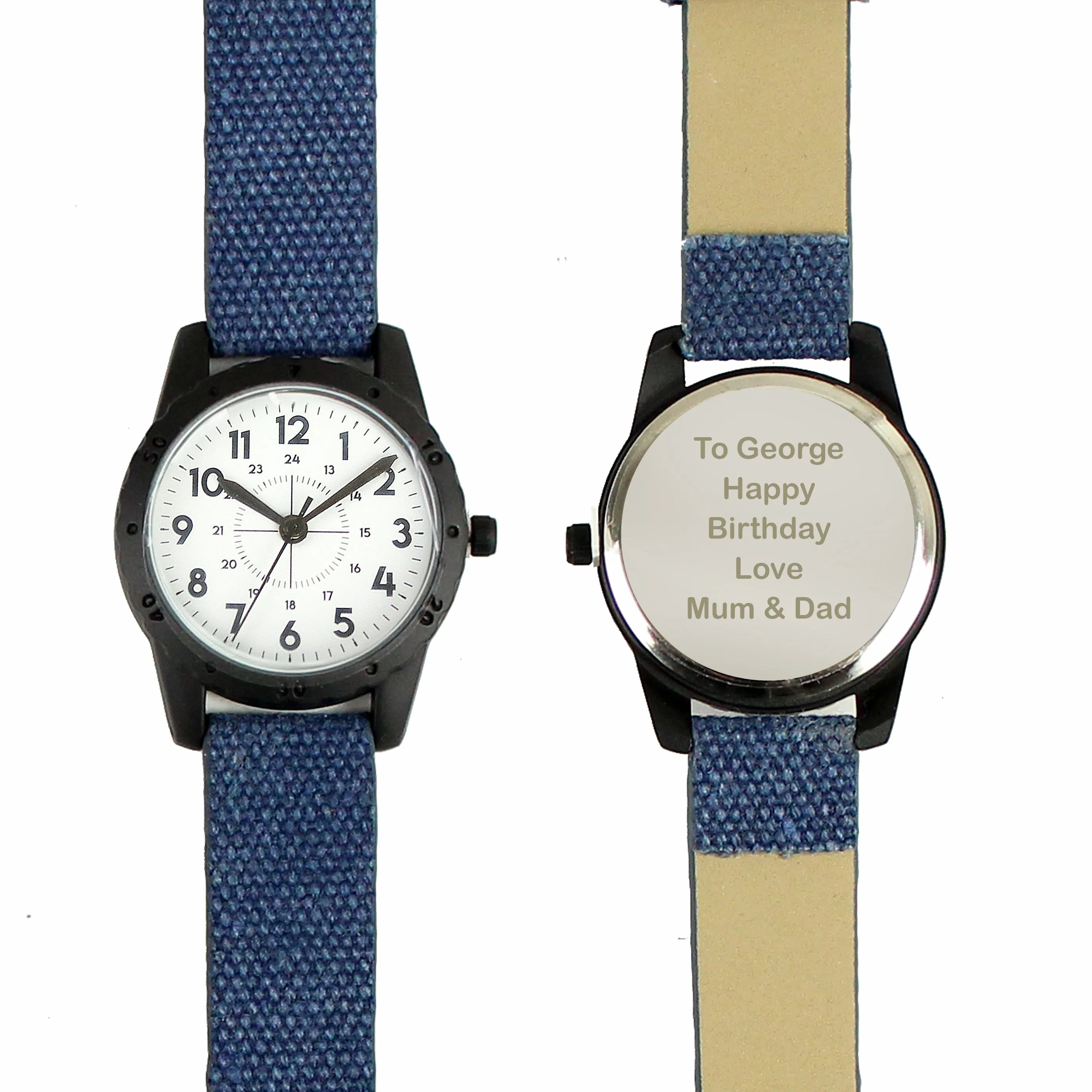 Personalised Black With Blue Canvas Strap Boys Watch