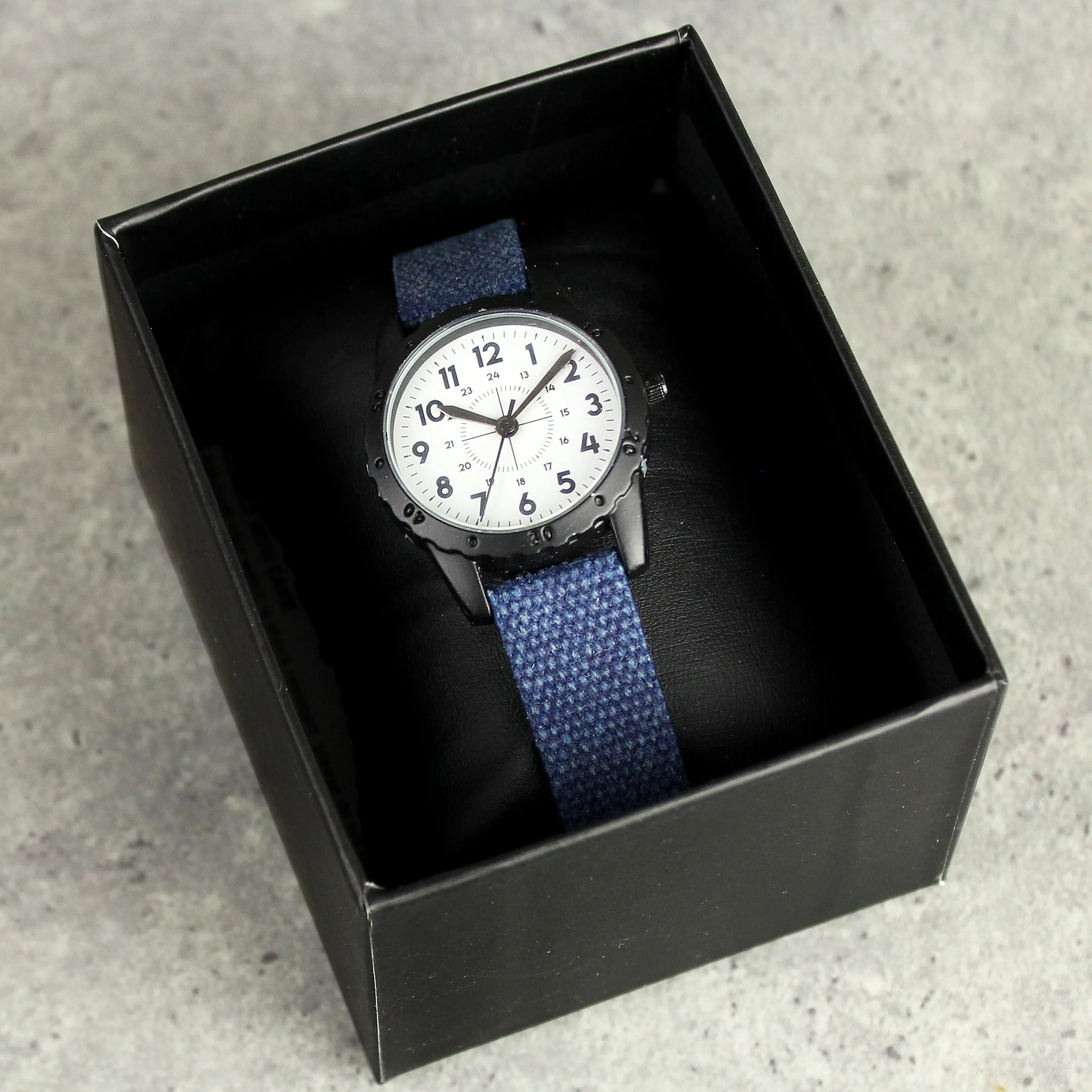 Personalised Black With Blue Canvas Strap Boys Watch