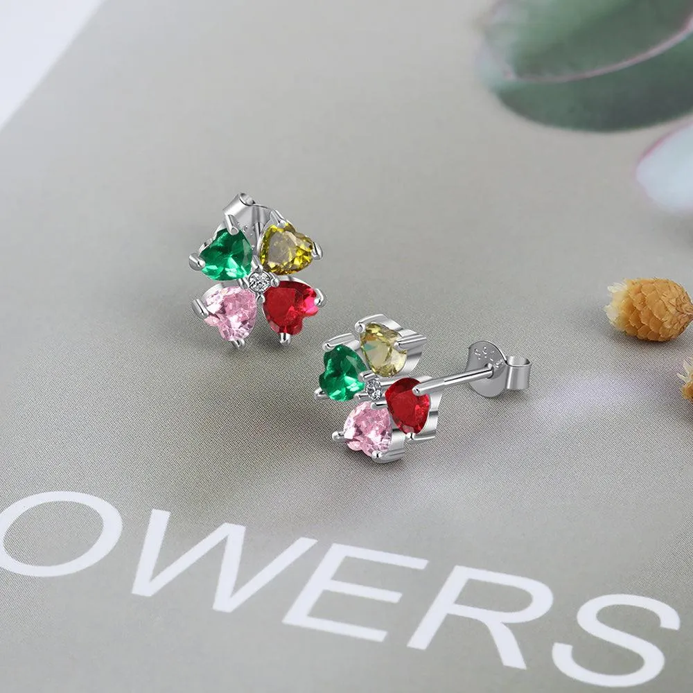 Personalized Stud Flower Earrings for Women with Customized 4 Heart Birthstones