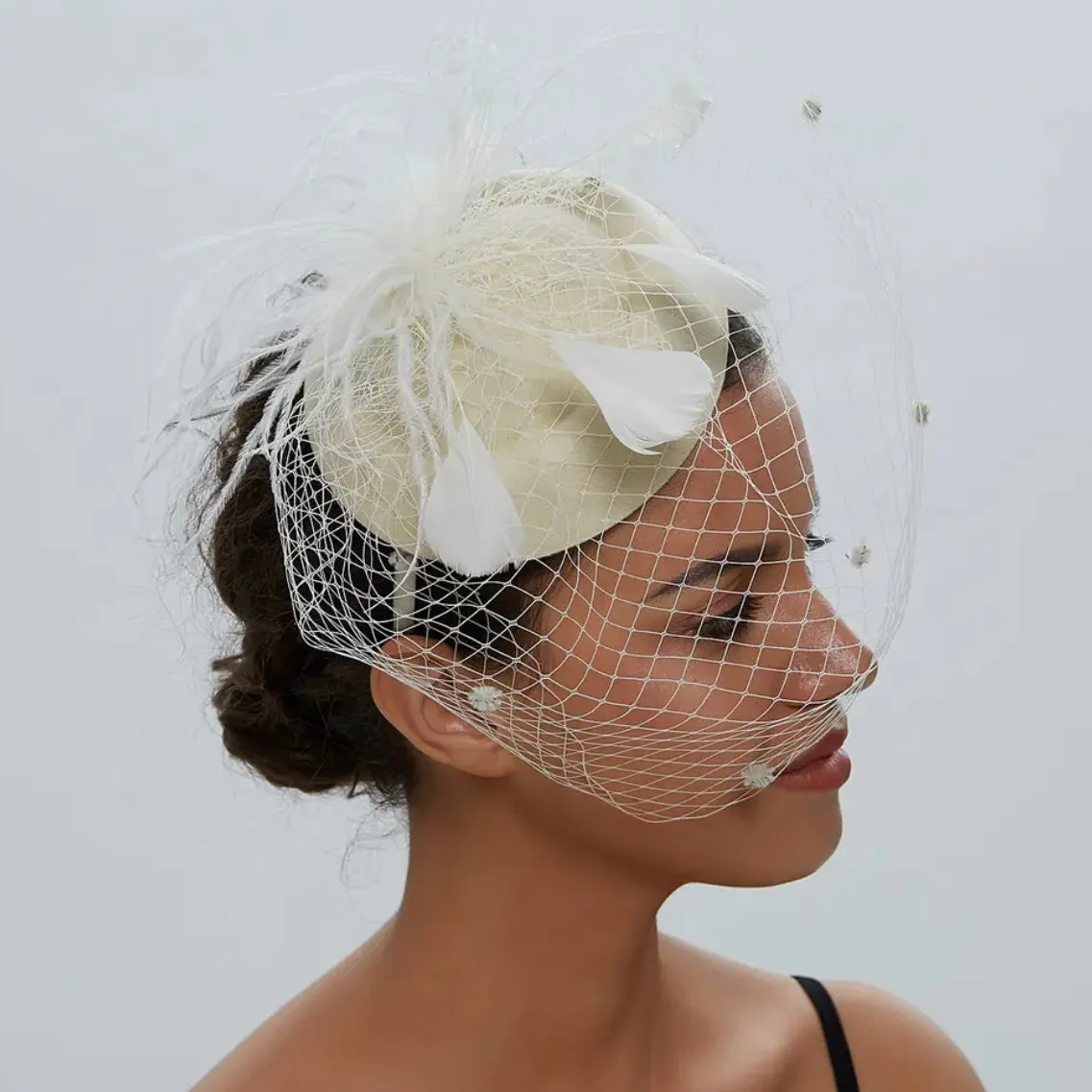 Pillbox Spot Veil and Feather Headband Fascinator - Beige